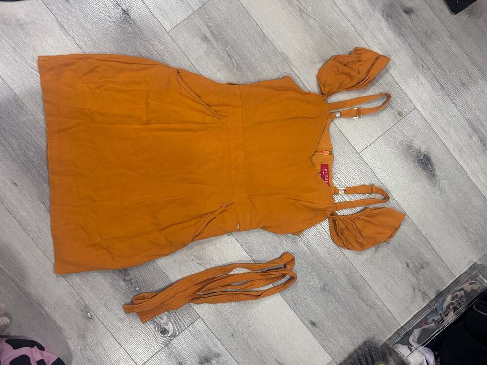 GUESS Rust Orange Puff Sleeve Tie Waist Mini Dress Cottagecore Boho M